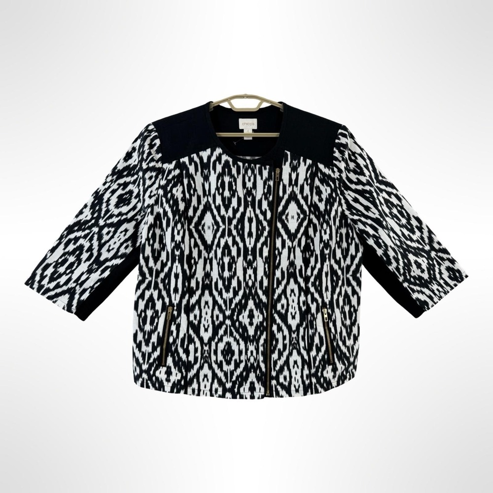 Chico's Jacket Women's 2X Black White Tribal Ikat Zip Front Stretch